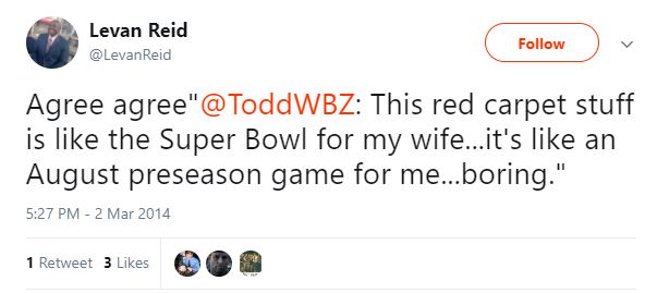 Levan Reid Tweet about his wife loving Super Bowl red carpet.